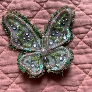 VINTAGE - Green fabric butterfly brooch - pin - with beads and rhinestones